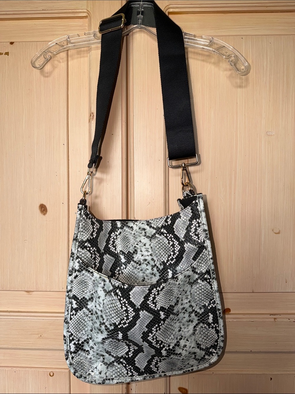 Black & White Snake-Print Crossbody Bag with Wide Strap